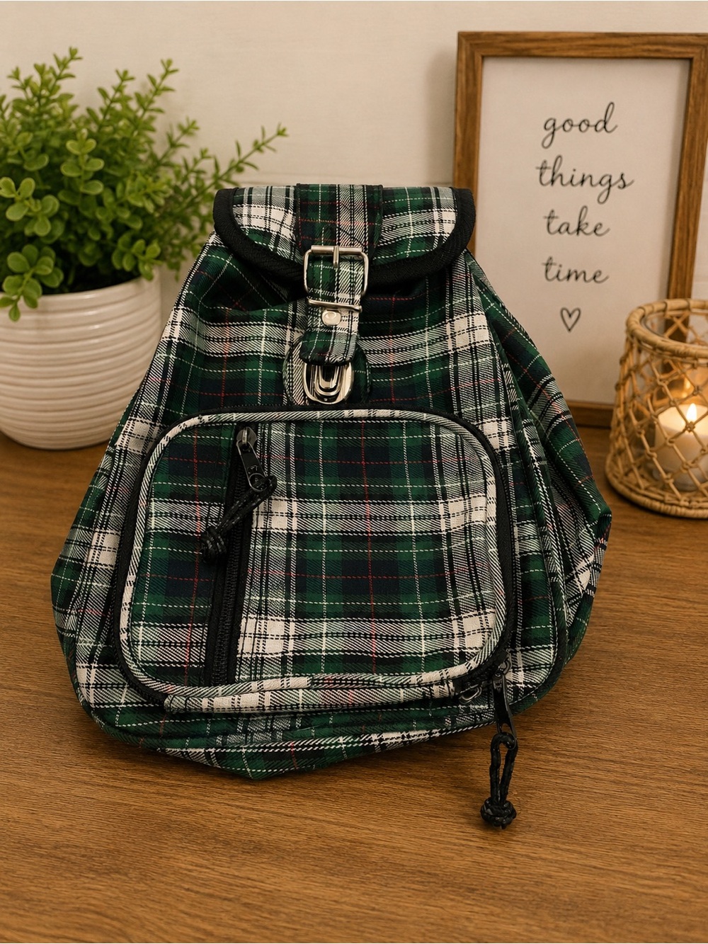 Green Tartan Plaid Mini Backpack 12x8 Multi Pocket
